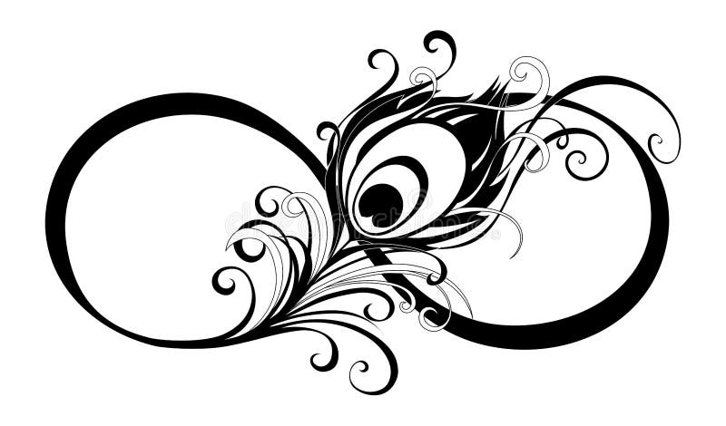 Artistically drawn, black, contour symbol of infinity with silhouette peacock feather on white background.Tattoo style. Artistically drawn, black, contour symbol of infinity with silhouette peacock feather on white background.Tattoo style