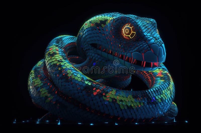 Efect generat de un șarpe 3d cu fața frontală cu unghi de înclinare redus. Față de șarpele 3d cu strat subțire orientat în față cu fundal colorat textură complexă colorată 3d face ca iluminatul volumetric al motorului să fie ireal, cu detalii despre hiper-ul cărților