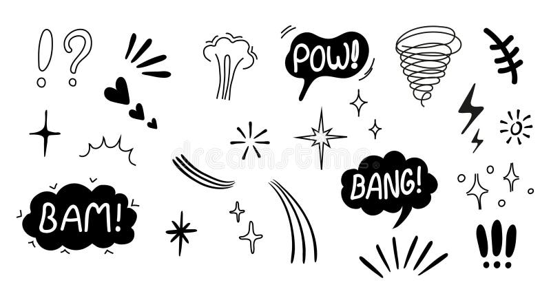 Efectos de auge de cómics en el estilo de arte de línea continua. Incluye burbujas de voz con Pow y. Incluye burbujas de habla con texto de Pow y Boom explosivo salpicando humo y elementos de acción de dibujos animados. Un doodle dinámico y expresivo perfecto para comics pegatinas de arte pop animaciones y diseño gráfico.