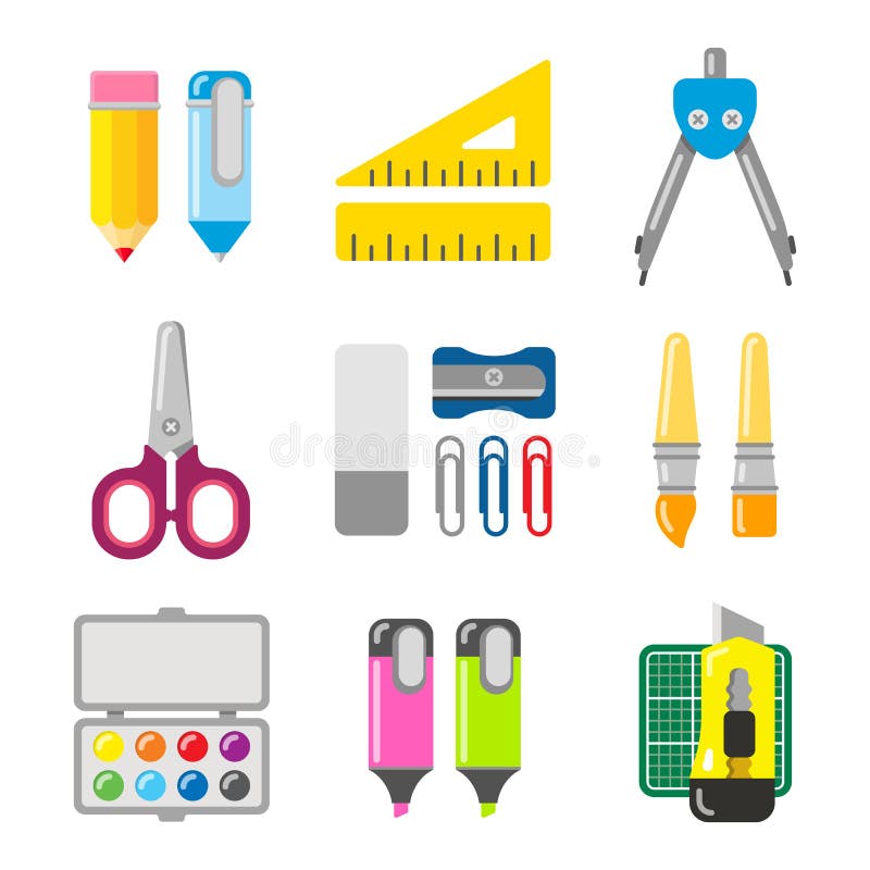 Efectos de escritorio de la escuela y de la oficina Icono del vector fijado en estilo plano ilustración del vector Efectos de escritorio de la escuela y de la oficina Icono del vector fijado en estilo plano ilustración del vector