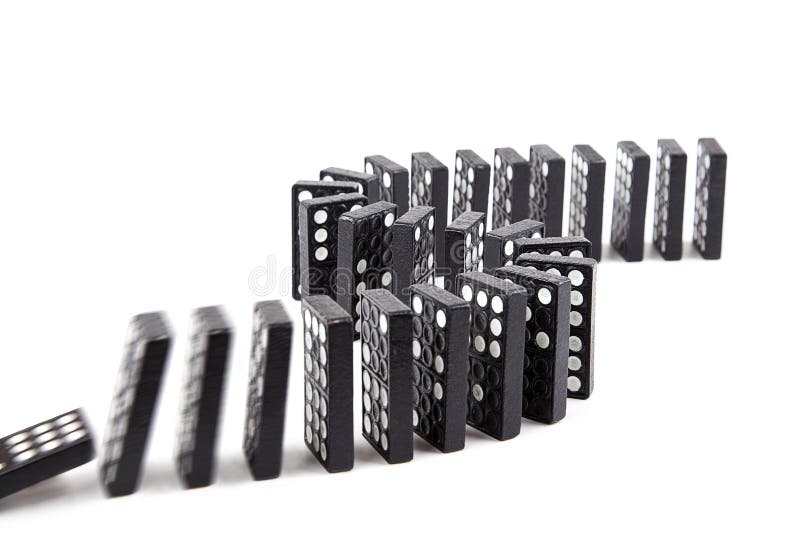 Domino effect, black wooden domino line curve. Domino effect, black wooden domino line curve