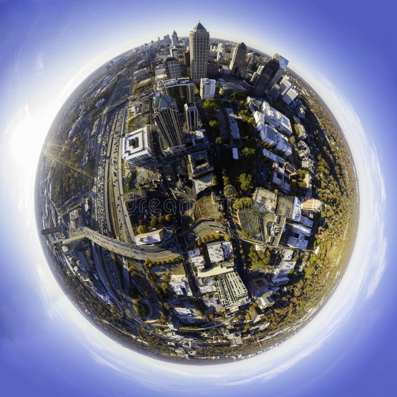 Tiny Planet special effect in Midtown Atlanta  during sunset with sun rays. Tiny Planet special effect in Midtown Atlanta  during sunset with sun rays