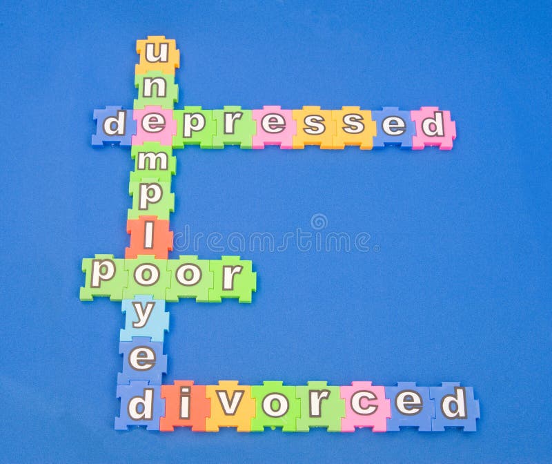 A macro image of the word unemployed followed in a jigsaw type pattern with depressed, poor and divorced. It is believed that the current recession is driving up unemployment, increasing poverty and causing divorce. A macro image of the word unemployed followed in a jigsaw type pattern with depressed, poor and divorced. It is believed that the current recession is driving up unemployment, increasing poverty and causing divorce.