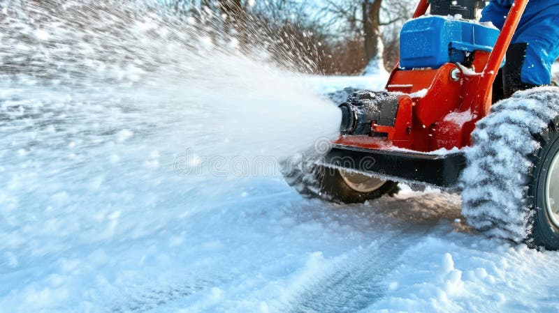 Effektivt rensa en väg : en snöblåsare i rörelse på en ljus vinterdag vektor illustrationer