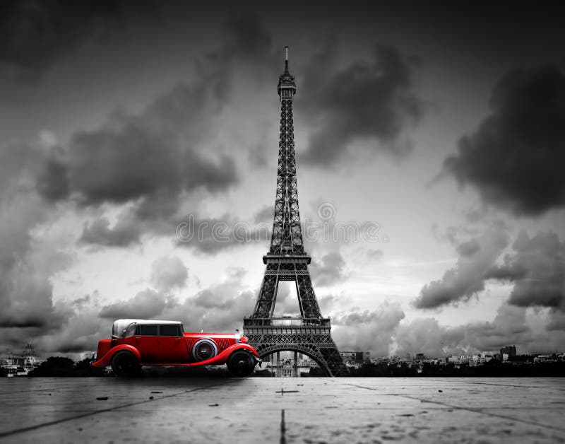 Effeltoren, Parijs, Frankrijk en retro rode auto