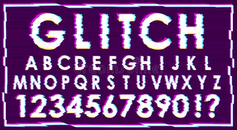 Effetto d'avanguardia di impulso errato Lettere e numeri bianchi del pixel su fondo porpora con il rosa, verde blu, ronzio giallo illustrazione vettoriale Effetto d'avanguardia di impulso errato Lettere e numeri bianchi del pixel su fondo porpora con il rosa, verde blu, ronzio giallo illustrazione vettoriale