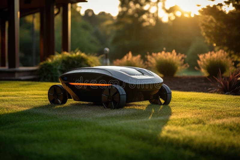 Sunny scene featuring a robotic lawn mower in action. vector illustration