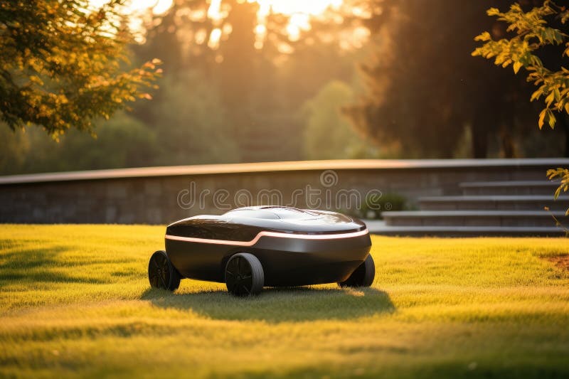 Sunny scene featuring a robotic lawn mower in action. royalty free illustration
