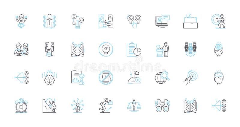 Efficiency and effectiveness linear icons set. Streamlined, Optimization, Productivity, Precision, Integration, Time stock illustration