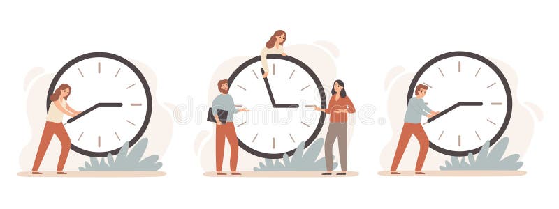 Timp de lucru eficient. persoanele din mediul de afaceri cu orar de lucru lucrează la ceasuri și la ilustrarea vectorială a termen. orele de lucru prestate de persoane care lucrează la tarife de lucru și la ceasuri și la termene limită de gestionare a timpului. strategie de productivitate a echipei de profit a organizației. set de pictograme de ilustrație vectorială izolate.
