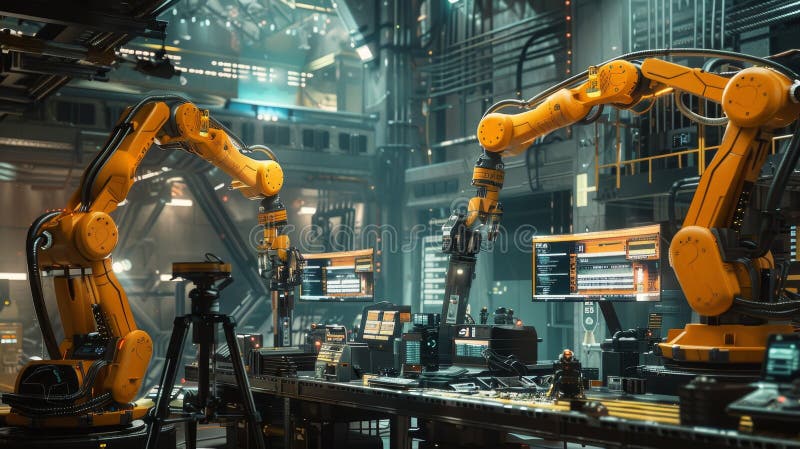 Colaborarea eficientă a roboților inteligenți și a lucrătorilor în șantierul de construcții futurist vector illustration