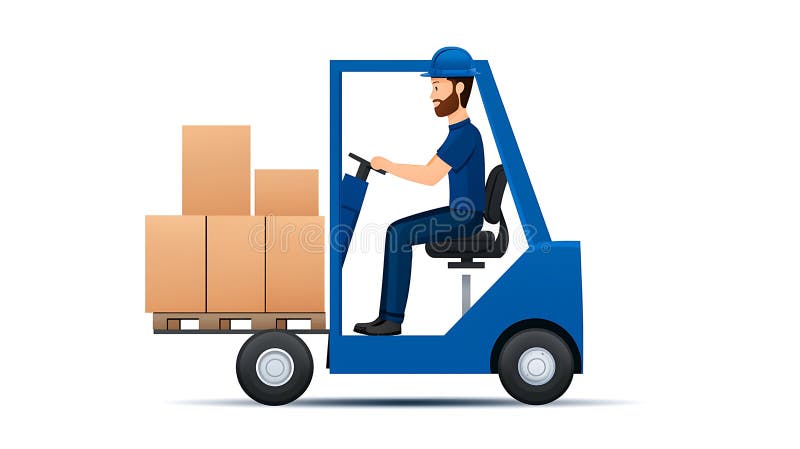 Efficient delivery with forklift transporting boxes, showcasing worker in blue uniform and hard hat royalty free illustration