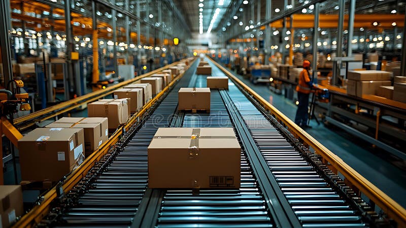 Efficient delivery systems with packages on conveyor belts in warehouse vector illustration