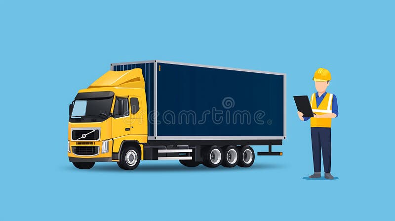 Efficient delivery truck with worker checking inventory, showcasing logistics and transportation vector illustration