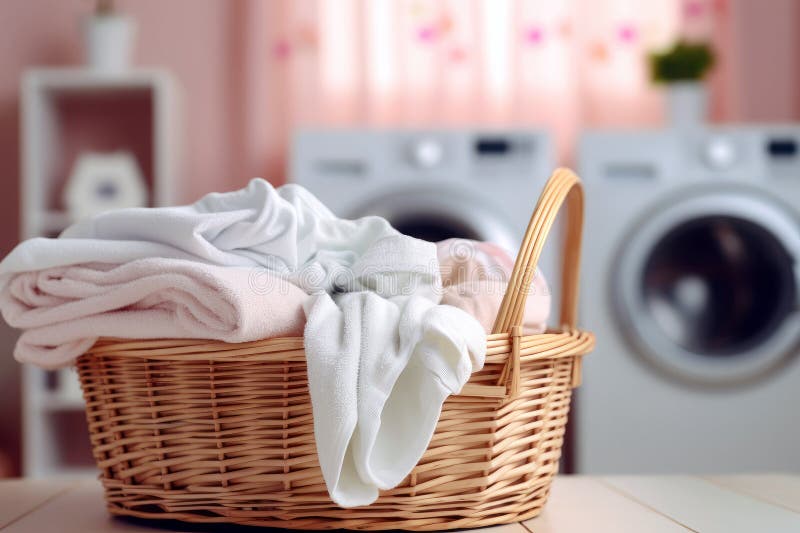 Efficient housekeeping in a modern lifestyle setting with a washing machine, dryer, and fabric pile stock illustration