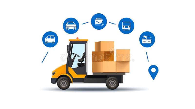 Efficient logistics and delivery with forklift transporting boxes, showcasing various transport icons royalty free illustration