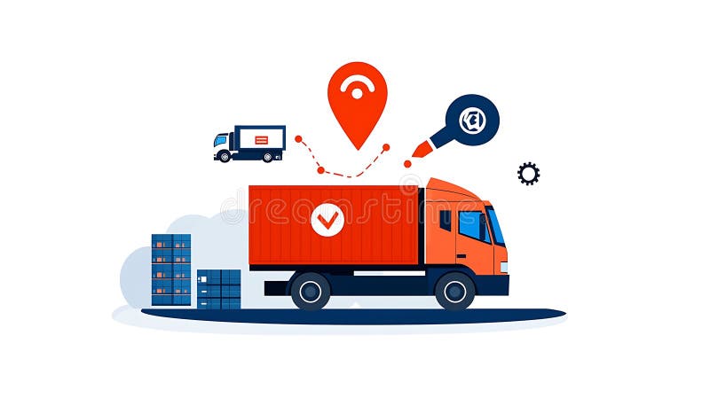 Efficient logistics and delivery system with truck, cargo, and tracking elements, showcasing modern transportation stock illustration