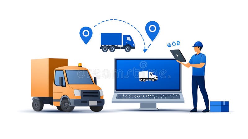Efficient logistics management with delivery truck, computer, and tracking icons, showcasing modern transportation solutions vector illustration