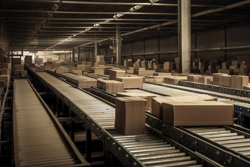 Efficient Logistics: A mesmerizing view of conveyor belts in motion, swiftly sorting parcels with precision and efficiency. Generative Ai
