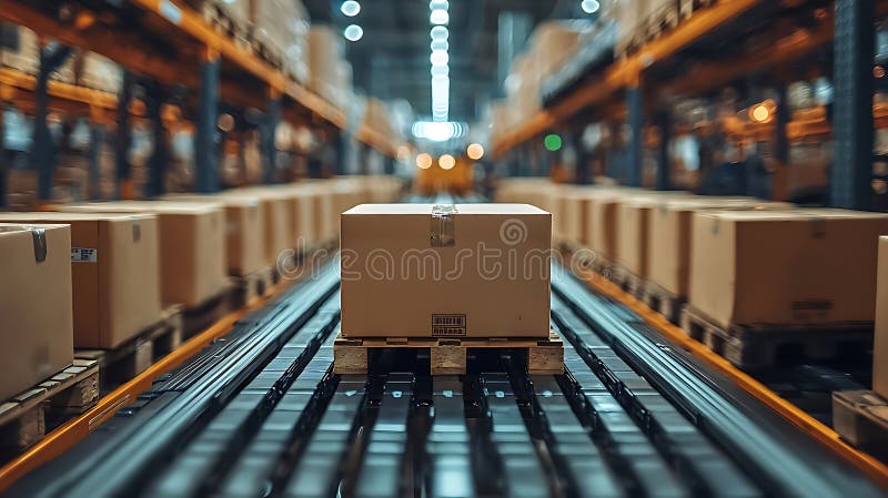 Efficient order batching process with boxes on conveyor in warehouse royalty free illustration