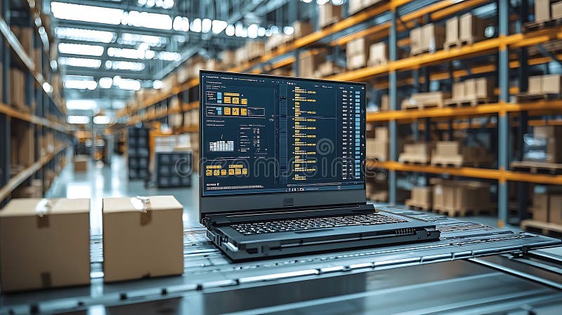 Efficient order fulfillment software displayed on laptop in warehouse, showcasing inventory management and logistics. environment vector illustration
