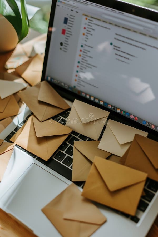 Efficient organization: minimalist geometric envelopes email list on laptop screen stock photo