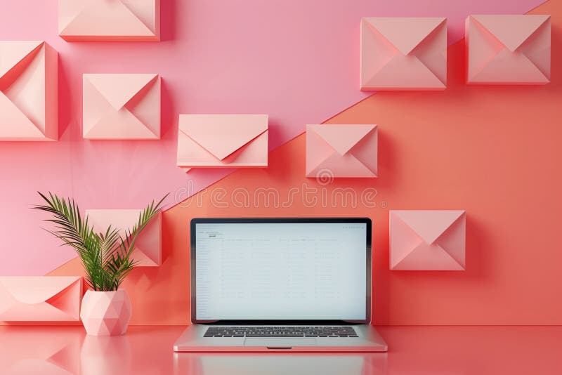 Efficient organization: minimalist geometric envelopes email list on laptop screen stock photos