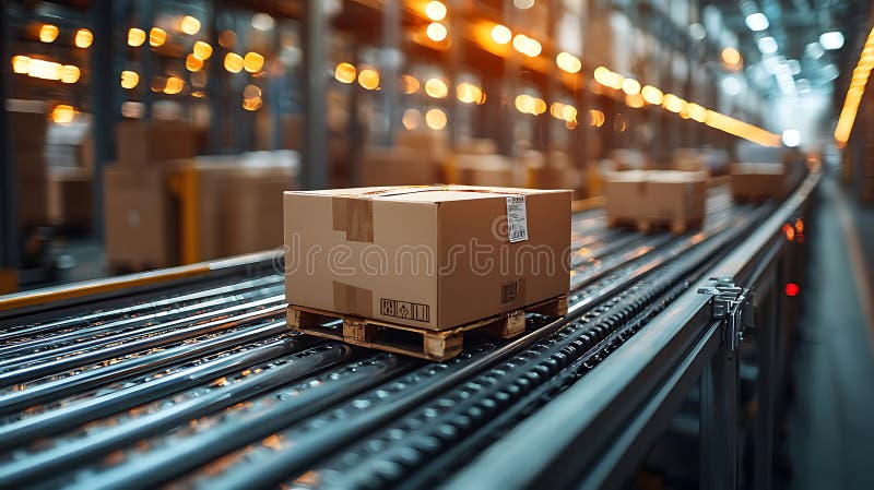 Efficient package delivery in modern warehouse with automated systems. scene showcases cardboard box on conveyor belt royalty free illustration