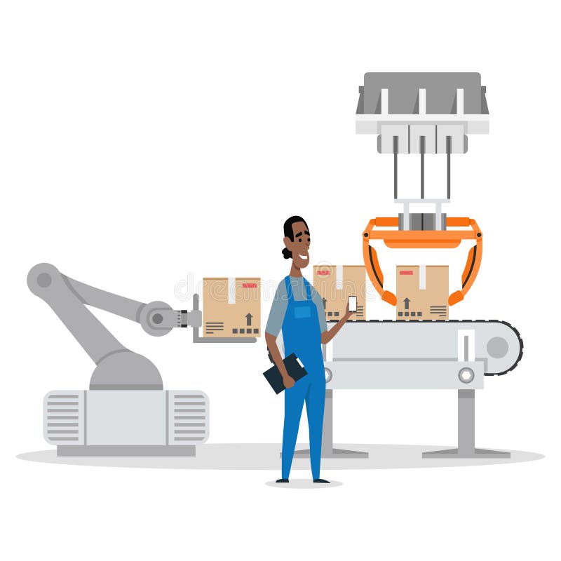 O fabrică inteligentă eficientă cu roboți pentru lucrători și cu conceptul de linie de asamblare 40 și tehnologie vector illustration