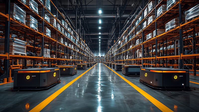Efficient warehouse with automated delivery robots navigating aisles, showcasing modern logistics system. bright lighting enhances vector illustration