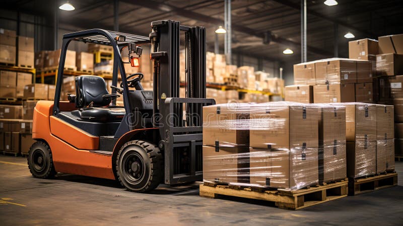 Efficient Warehouse Operations, Forklift Moving Boxes in a Modern Bright Facility, Generative AI royalty free illustration