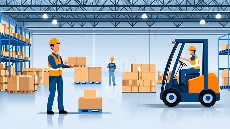 Efficient warehouse scene with workers, forklift, and boxes, showcasing teamwork and organization in logistics royalty free illustration