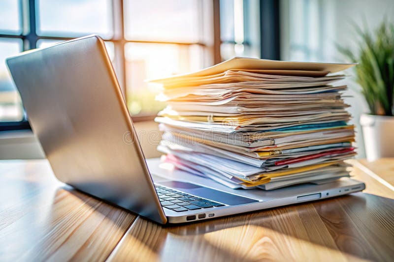 Efficient Workspace Organization Modern Laptop Stack of Documents and Database Files Showcase a Streamlined Office vector illustration