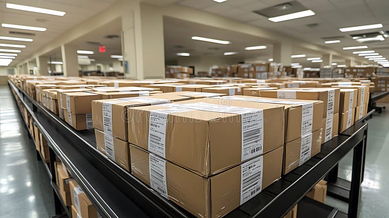 Efficiently organized shipping area with numerous cardboard boxes ready for delivery. space is well lit and designed for optimal vector illustration