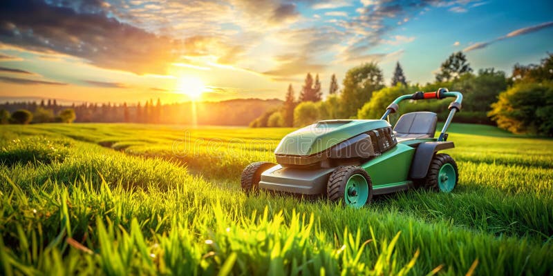 Mühelose Rasenpflege Entdecken Sie die Zukunft der intelligenten Gartenarbeit mit einem autonomen Rasenroboter auf einer makellose vektor abbildung