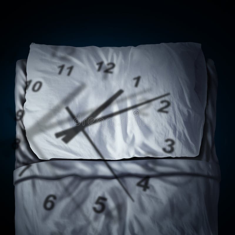 Clock stress concept as a time piece cast shadow on a pillow and bed as a stress or business deadline anxiety metaphor and sleeping anxiety in a 3D illustration style. Clock stress concept as a time piece cast shadow on a pillow and bed as a stress or business deadline anxiety metaphor and sleeping anxiety in a 3D illustration style.