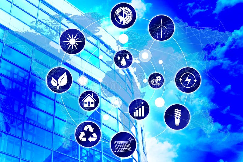 Eficiência energética. esquema com ícones no mapa mundial e construção sobre fundo em azul