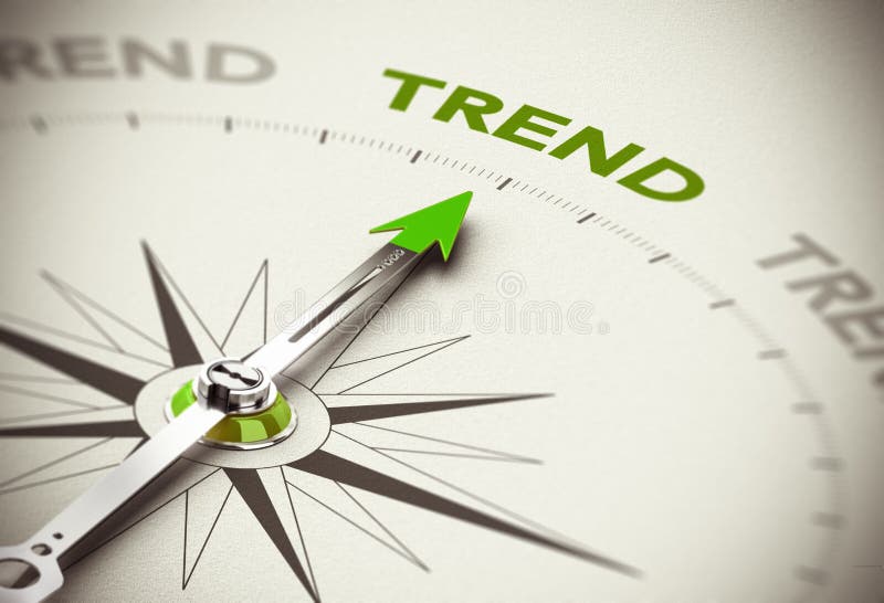 Conceptual 3D render image with depth of field blur effect. Compass needle pointing the green word trend over natural paper background. Conceptual 3D render image with depth of field blur effect. Compass needle pointing the green word trend over natural paper background.