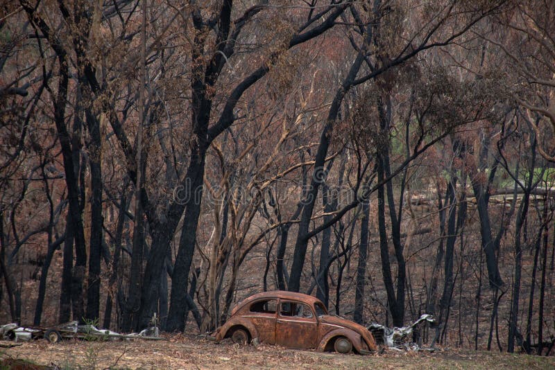 Balmora, Australia - 2020-01-25 Australian bushfire aftermath: Burnt car remains at Balmoral Village, Australia. Balmora, Australia - 2020-01-25 Australian bushfire aftermath: Burnt car remains at Balmoral Village, Australia