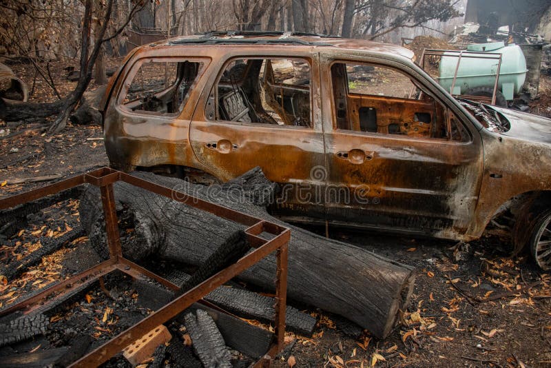 Bilpin, Australia - 2020-01-12 Australian bushfire aftermath: Burnt car and rubble at Blue Mountains, Australia. Bilpin, Australia - 2020-01-12 Australian bushfire aftermath: Burnt car and rubble at Blue Mountains, Australia