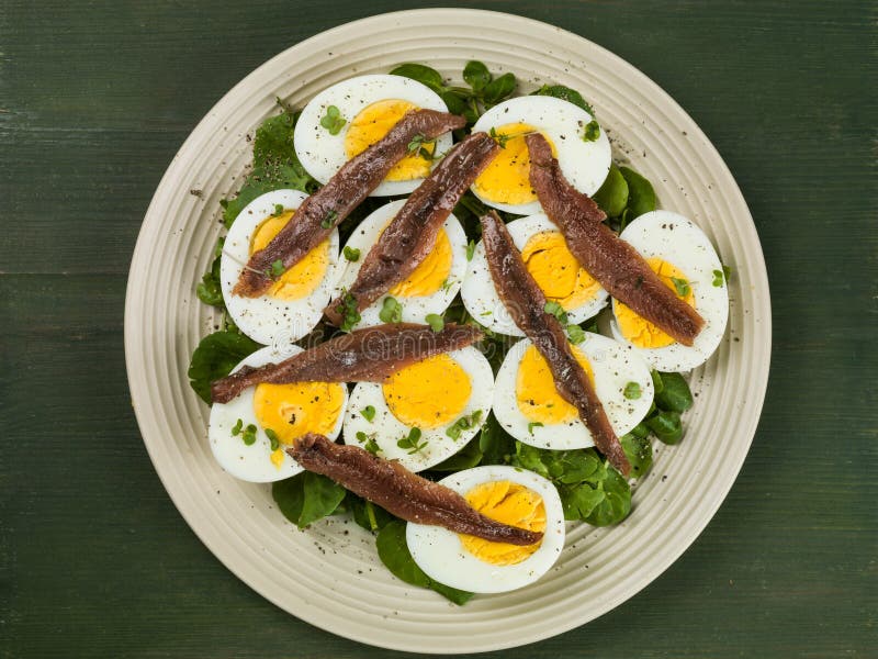 Egg and Anchovy Salad with Watercress Stock Photo Image of fish