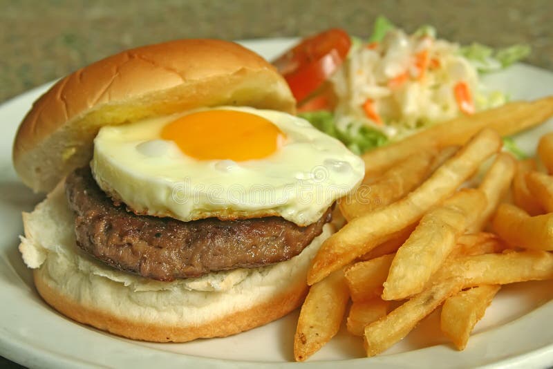 Egg Burger with Fries and Coleslaw Stock Photo Image of messy