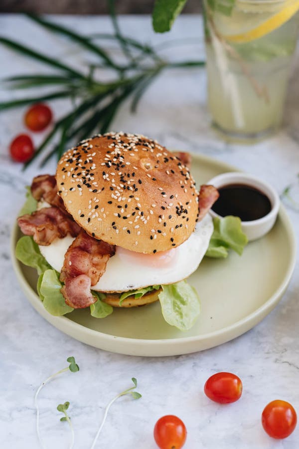 Egg Burger with Lettuce and Fried Bacon Stock Image Image of fast