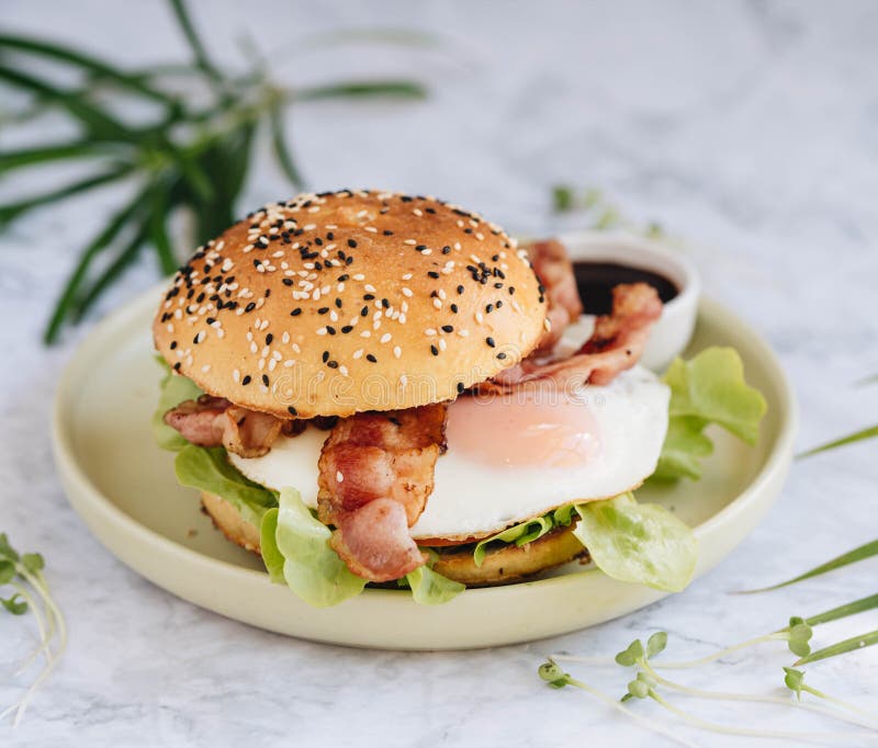Egg Burger with Lettuce and Fried Bacon Stock Image Image of view