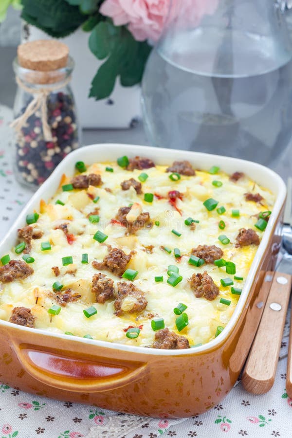 Egg Casserole with Potatoes, Sausage and Pepper, in Baking Dish Stock