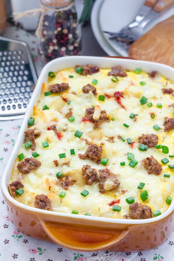 Egg Casserole with Potatoes, Sausage and Pepper, in Baking Dish Stock