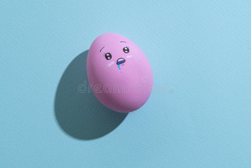 Egg face. Hunger starvation. Food decor. Conceptual art. Character expression. Pink figure with wide opened eyes and drooling isolated on blue. Egg face. Hunger starvation. Food decor. Conceptual art. Character expression. Pink figure with wide opened eyes and drooling isolated on blue.