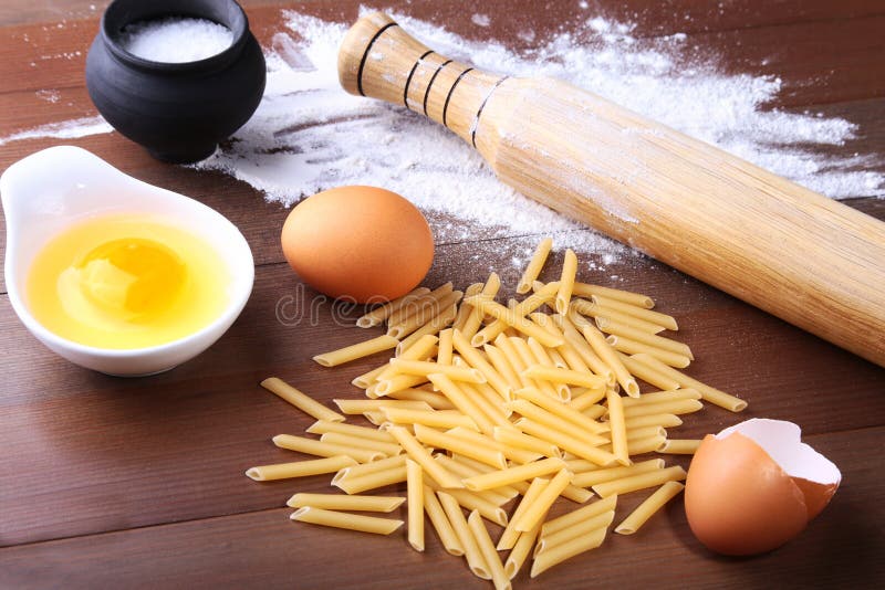 Egg, Flour, Salt, Ingredients for Pasta Penne Bolognese Stock Image