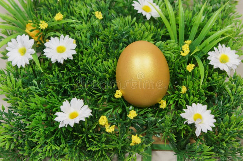 Egg on a Green Artificial Grass Stock Photo Image of food, gold 36973096