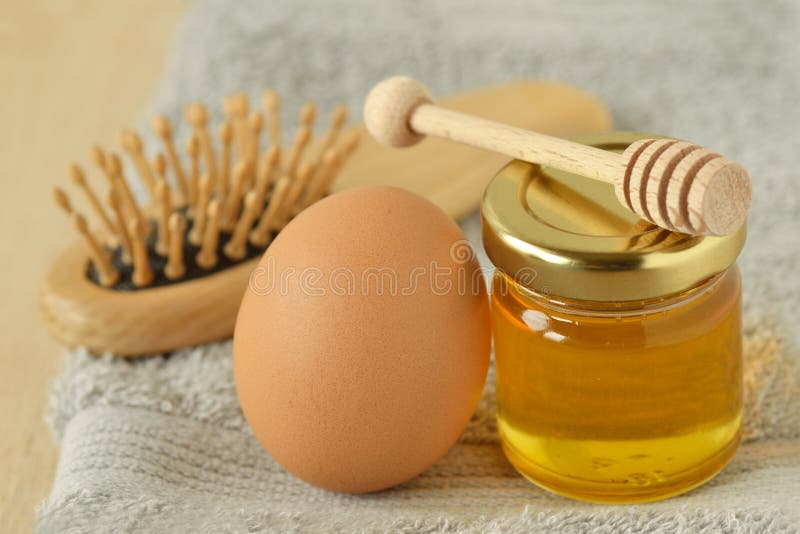 Egg and Honey with Hair Brush on Grey Towel - Homemade Hair Mask  Ingredients Stock Photo - Image of honey, beauty: 186031048